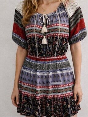 Boho Mini Dress 100% Viscose Forever 21 Tassel Tie Festival Summer Size M